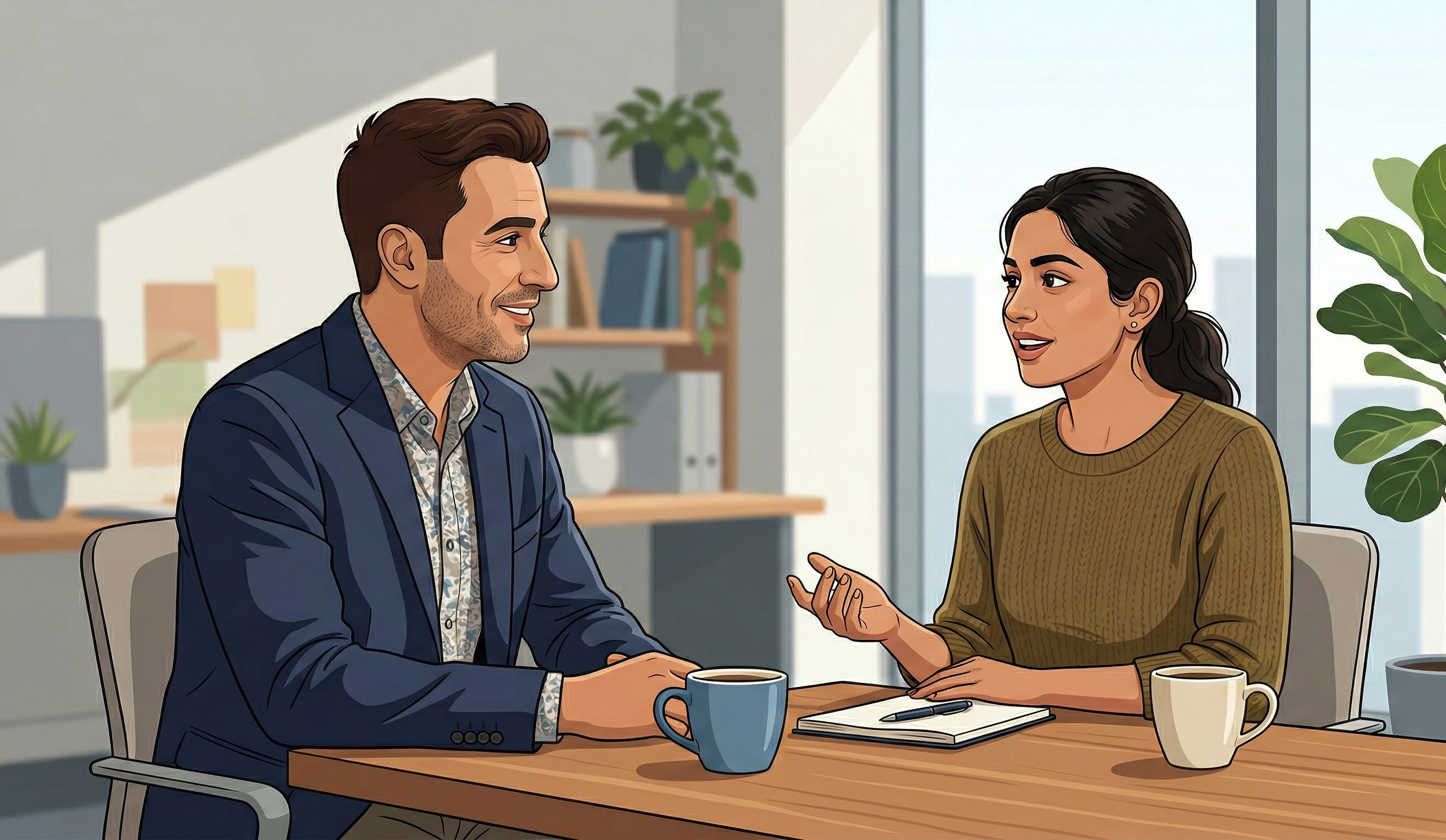 A manager and team member in a supportive one-on-one conversation over coffee