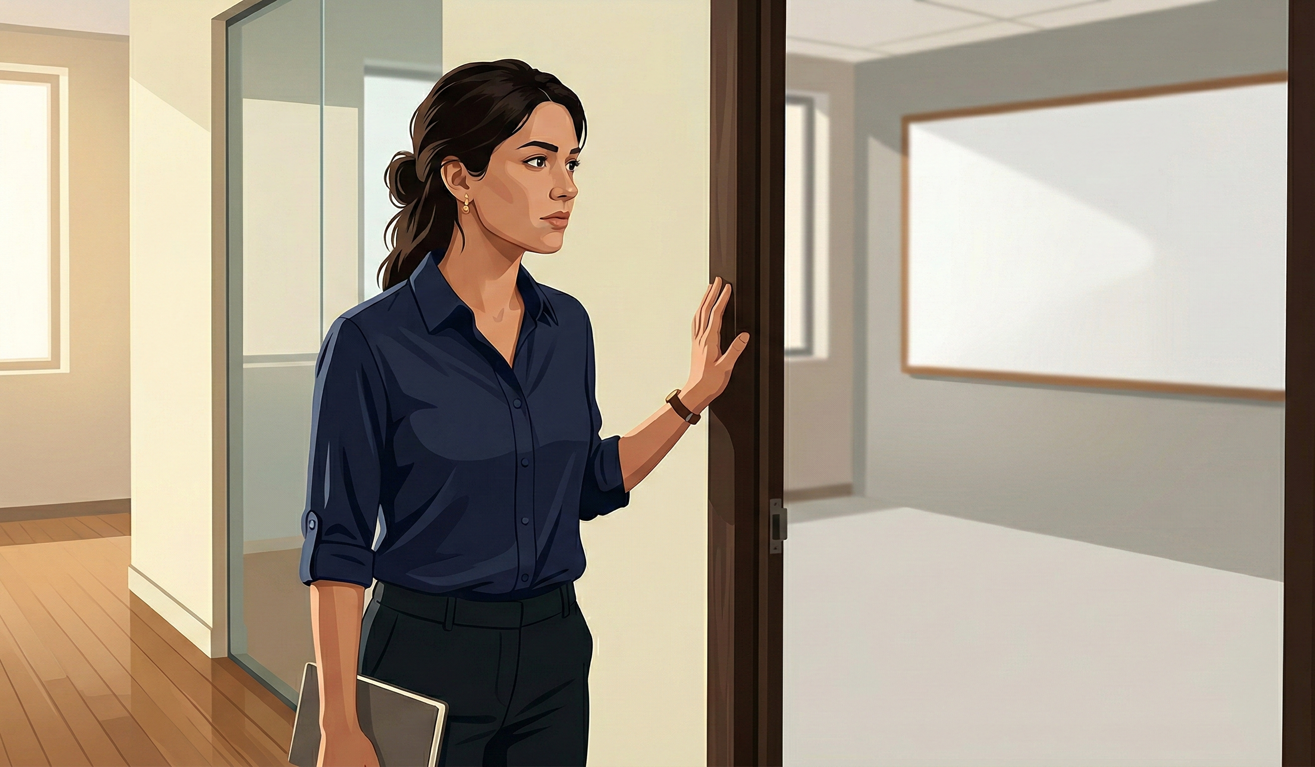 A new manager pausing at the doorway of a meeting room, hand on the door frame