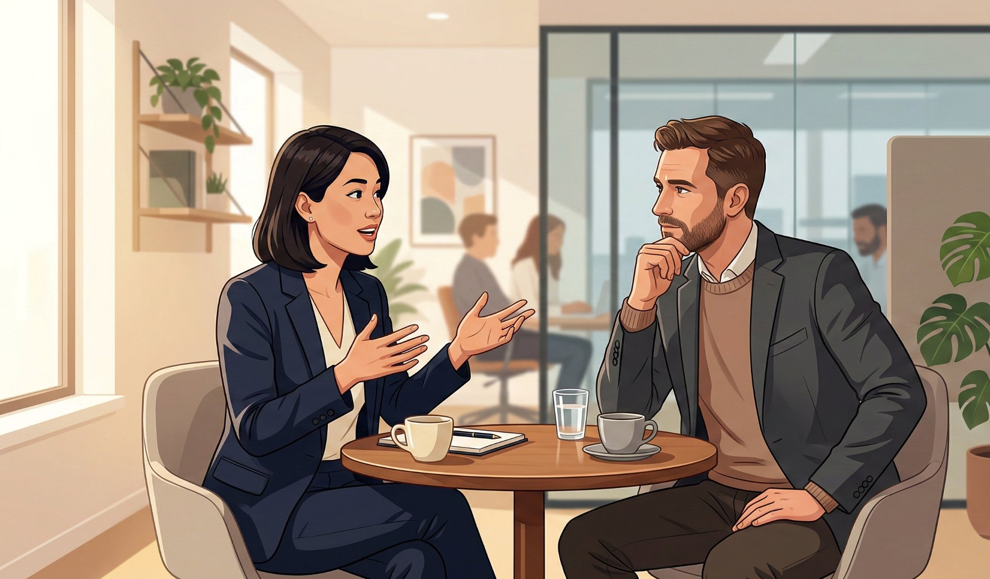 Two colleagues having a focused conversation at a table